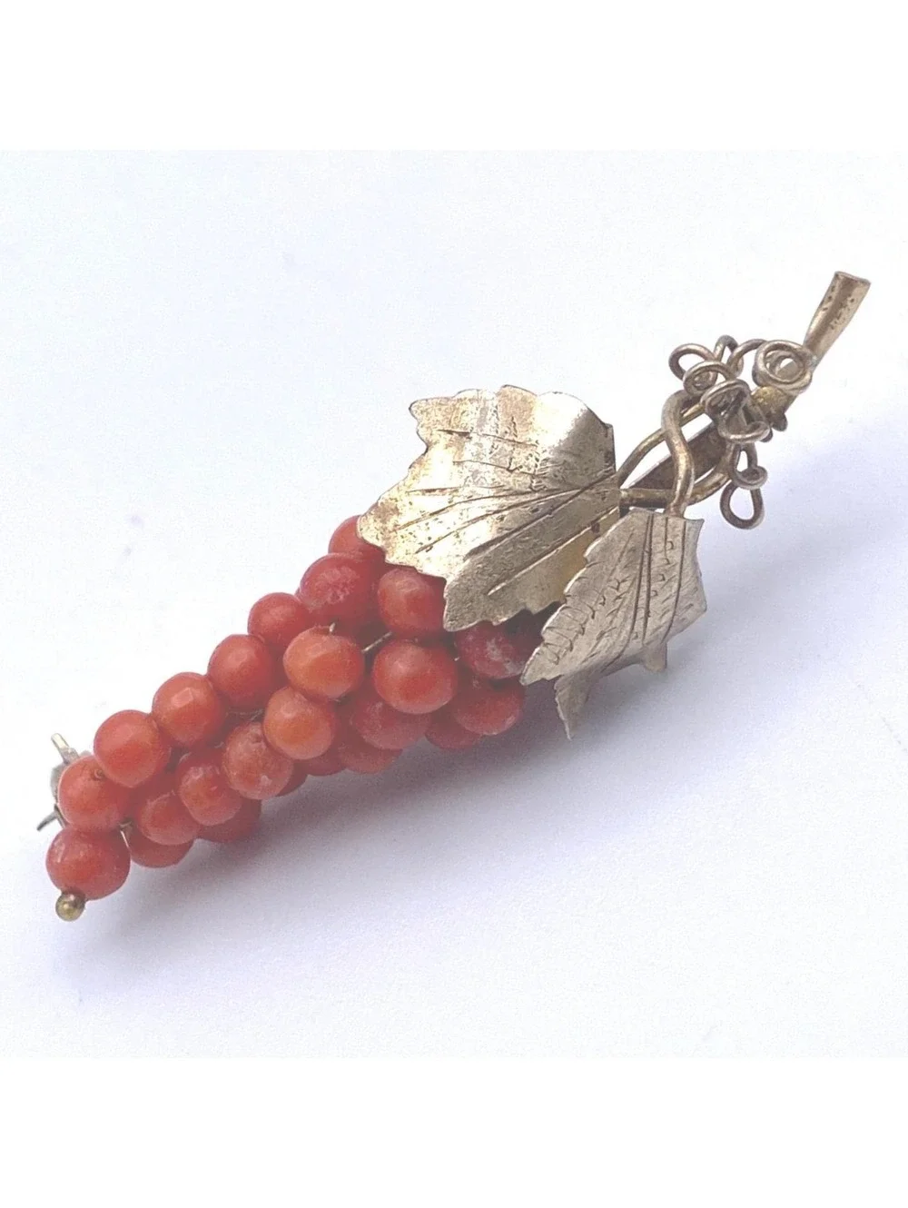 Antique Victorian Bunch of Grapes Brooch, Gilt 800 Silver & Red Coral Beads.
